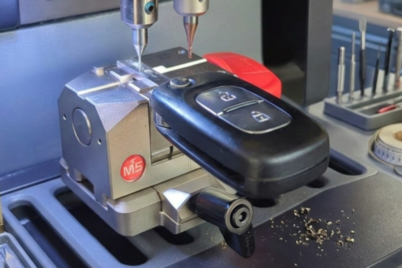 Technicien taillant une clé auto sur une machine de reproduction à Bordeaux